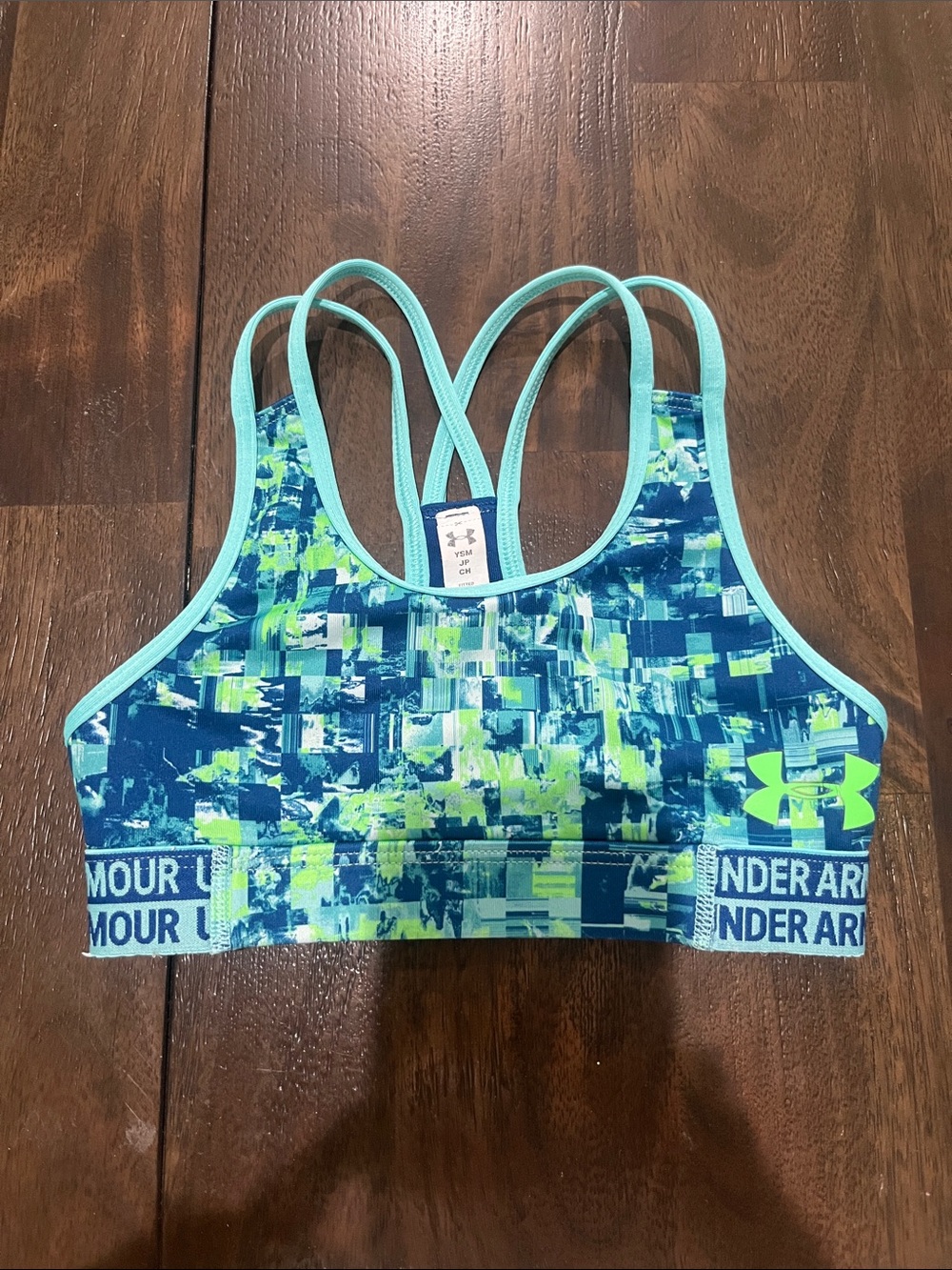 Girls Small Under Armour Blue & Neon Green Patterned Sports Bra Dance Sports YSM